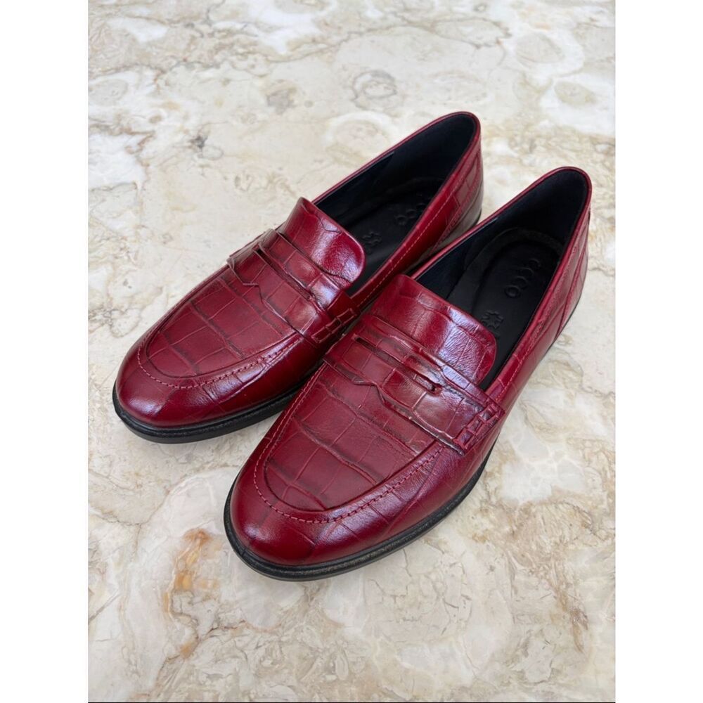 NEW! ECCO Women Dress Classic 15 ECCO Croc Embossed Red Leather Loafers - Picture 3 of 13